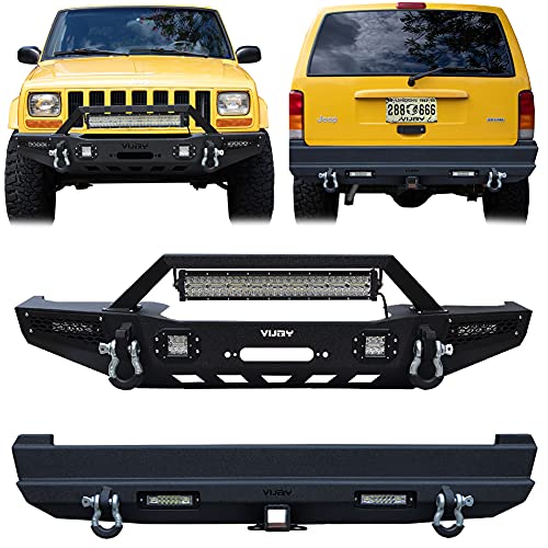 Vijay Front and Rear Bumper Compatible with 1984-2001 Cherokee XJ with Winch Plate and LED Lights