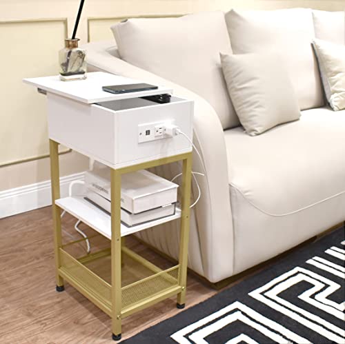 SZLHANJZ Modern Nightstand, White Nightstand with Charging Station, Slide Top Bed Side Table with Storage Drawer, 3 Tier Wood & Metal Narrow End Table for Home Apartment Dorm, Gold + White