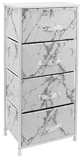 Sorbus Nightstand Chest with 4 Drawers - Bedside Furniture End Table & Dresser for Clothing, Bedroom Accessories, Office, Dorm, Steel Frame, Wood Top, Easy Pull Fabric Bins (Marble White/White Frame)