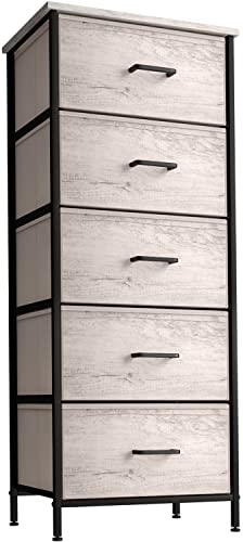 Sorbus Tall Fabric Storage Dresser - Stand Up Tower of 5 Drawers with Steel Frame, Wood Top, & Faux Wood Fabric - Great for Bedroom, Dorm, Closet, Living Room, Entryway - Narrow Nightstand Organizer