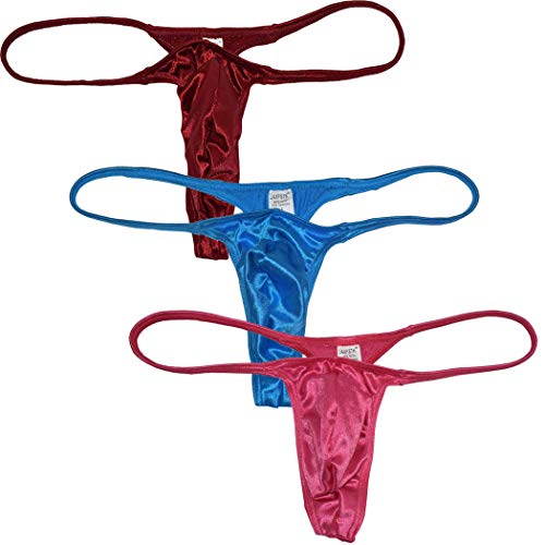 JAXFSTK Men Contoured Pouch Swim Bikini G-Strings Lingerie Underwear Shiny Satin Mini T-Back Jockstrap 3-Pack(Wine Red,Sky Blue, Pink) M