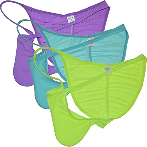 JAXFSTK Mens Ice Silk Back Pucker Bikini Briefs Underwear Soft Brazilain Bikini Pouch Cheeky Briefs 3-Pack(purple,cyan,apple green) XL