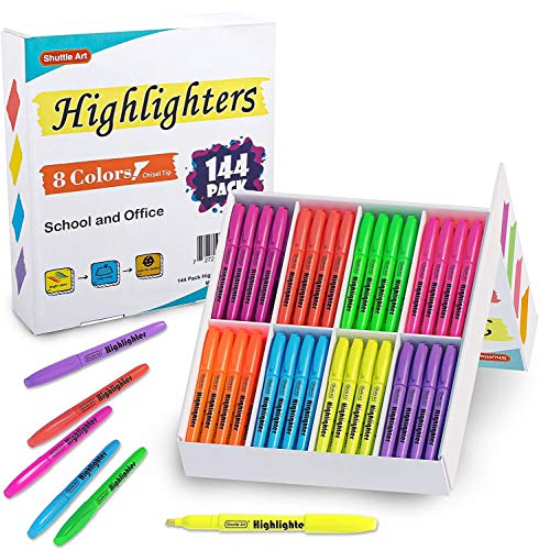 Shuttle Art 144 Pack Highlighters, Highlighters Assorted Colors Set, 8 Bright Colors Chisel Tip Highlighter Markers Bulk for Kid and Adult Coloring, Highlighting as School Supplies