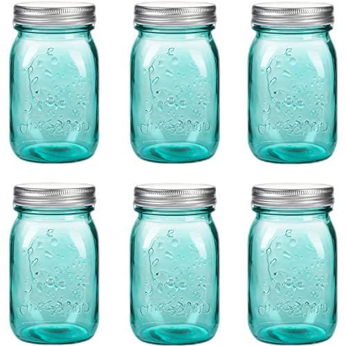 16 oz Teal Mason Jars with LidsRegular Mouth Canning Jar, 6 Pack Multifunction Glass Container, for Storage, Canning, Pickling, Preserving, Fermenting, DIY Crafts & Decor