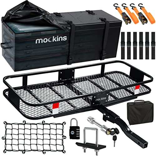 Mockins 60x20x6 Folding Cargo Carrier Hitch Mount Steel Cargo Basket |500lb Capacity Hitch Mount Cargo Carrier | Trailer Hitch Cargo Carrier & 16cu Waterproof Cargo Bag & Net| Hitch Rack Cargo Trailer