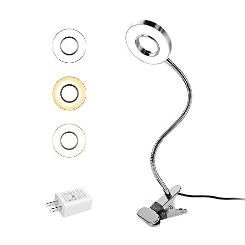 EYOCEAN LED Reading Light, Dimmable Clamp Lamp for Bed Headboard, Bedroom, Office, 3 Modes 10 Dimming Levels, Flexible Clip Light, Adapter Included, 7W, Silver