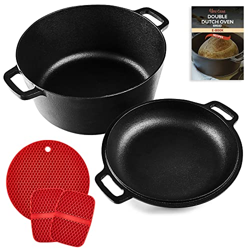 Uno Casa 2in1 Cast Iron Dutch Oven - 5 Quart Dutch Oven Pot with Lid Cast Iron, Pre-Seasoned Cast Iron Dutch Oven 5 Quart with Frying Pan, Cast Iron Pot