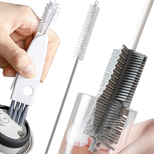 Bottle Cleaning Brush Set, Long Handle Silicone Cleaner Brushes + Thermos Lid Cup Brush + Drinking Straw Brush for Cleaning Baby Bottles, Narrow Neck Bottle, Sport Water Bottle,Tumbler,Glass Vase,3pcs