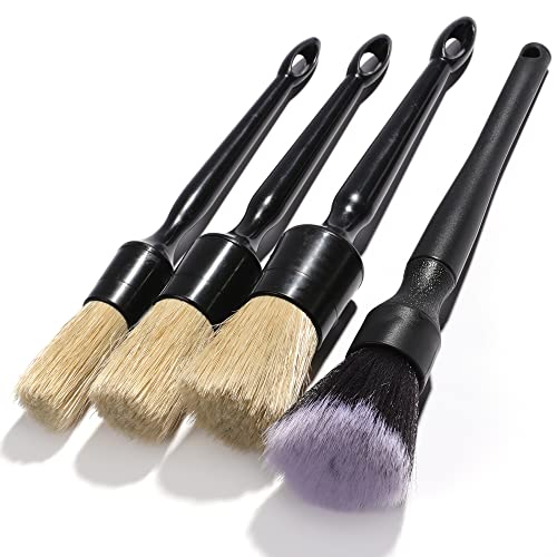 Car Detailing Brush Set- 4 PCS Natural Boars Hair Detailing Brushes, Ultra- Soft Auto Detail Brush, Perfect Automotive Interior Exterior Brushes, Clean Emblems Wheels Upholstery Air Vents Leather Seat