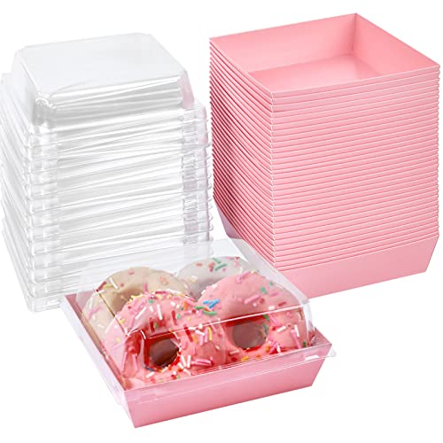 Ocmoiy 50 Pack Paper Charcuterie Boxes with Clear Secure Lids, 5 inches Square Disposable Food Containers Bakery Boxes for Sandwich, Slice Cake, Cookies, Hot Cocoa Bombs, Strawberries