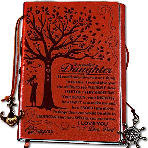 TERAVEX Dad To Daughter Gifts Leather Writing Journal with Inspirational - Retro Tree of Life Faux Leather Cover, Personal Diary, Lined Journal, Travel, Notebook, Writers Notebook, Refillable for Teen Girls