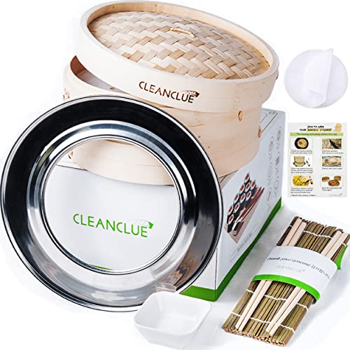 Cleanclue Bamboo Steamer Basket 10 inch and Sushi Roller Gift Set for Cooking - Asian Food(Korean, Japanese, Chinese - Bao Bun, Dim Sum, Sticky Rice) with Steam Ring - 2 Tier Dumpling Steamer Basket