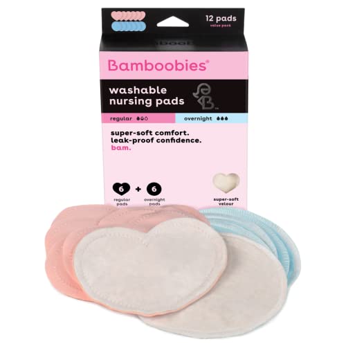 Bamboobies Womens Nursing Pads, Reusable and Washable, Variety Pack, Leak-Proof Pads for Breastfeeding, Blue and Pink, 12 Pads