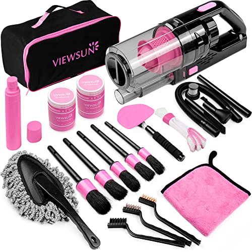 Viewsun 17pcs Car Cleaning Kit, Pink Car Interior Detailing Kit with High Power Handheld Vacuum, Detailing Brush Set, Complete Car Cleaning Supplies, Auto Accessories for Women Mom Gift