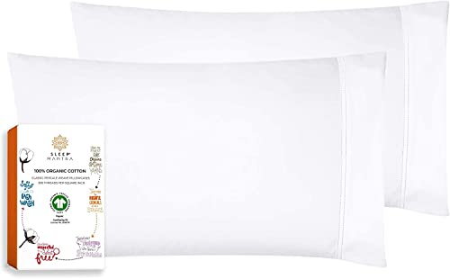 100% Organic Cotton Pillowcases - Soft and Crisp, Cooling Percale Weave, Breathable Pillow Covers, Sleep Mantra, Set of 2 (Standard, Pure White)