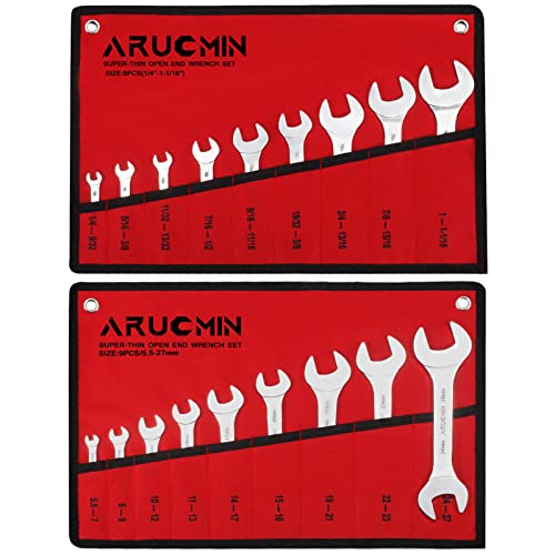 ARUCMIN Super-Thin Open End Wrench Set, 18-Piece SAE & Metric 1/4" to 1-1/16" and 5.5mm to 27mm Chrome Vanadium Steel Wrench Set with Rolling Pouch