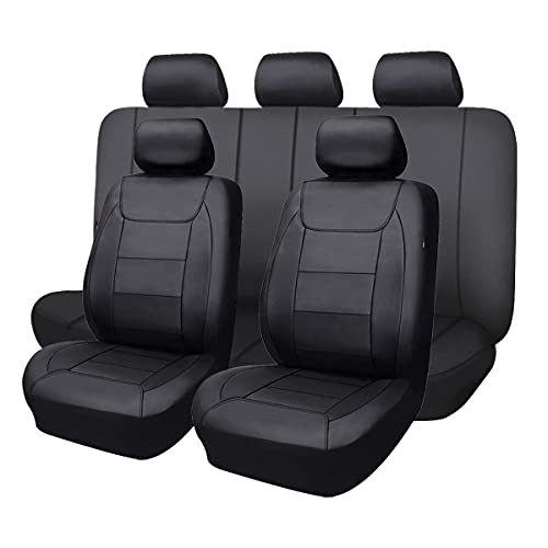 Flying Banner car seat Covers Protects Water Proof Faux Leather Carbon Fiber Front and Rear Bench (Black Black, Full Set - 9PCS)