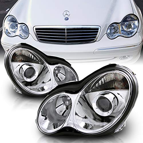 AmeriLite Projector Replacement Halogen Headlights Chrome For 01-07 Mercedes-Benz C Class W203 Sedan - Passenger and Driver Side, Vehicle Light Assembly, Chrome