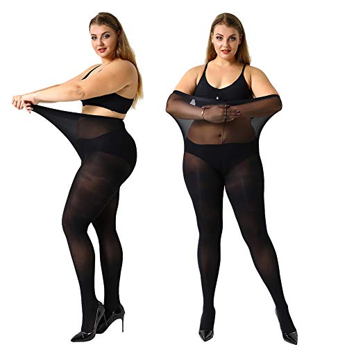 MANZI Women's Control Top Plus Size Tights for Women High Waist Opaque Pantyhose 2 Pairs Black XXX-Large