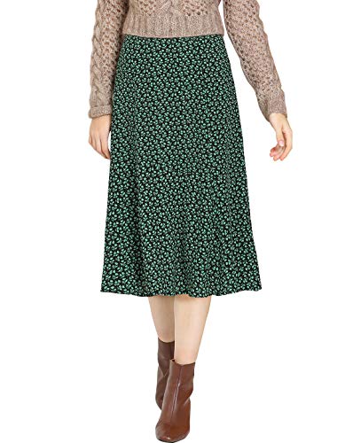 Allegra K Women's Floral Midi Skirt Peasant Elastic Waist A-Line Ditsy Leave Print Skirts Medium Green