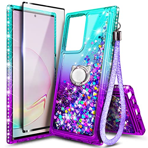 NGB Samsung Galaxy Note 20 Ultra Case with Screen Protector (Maximum Coverage, Flexible TPU Film), Ring Holder, Girls Women Liquid Bling Sparkle Fashion Glitter Clear Cute Case -Aqua/Purple