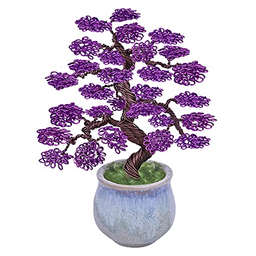 rockcloud Aluminum Wire Money Tree Sculpture with Ceramic Base Feng Shui Bonsai Home Office Decoration for Luck and Wealth, Purple & Brown