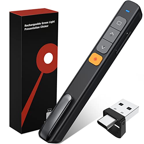 2 in 1 USB C Presentation Clicker with Bright Red Laser Pointer, 164FT Wireless Presenter Remote PowerPoint Clicker Slide Advancer with Hyperlink Volume Control for Mac Computer