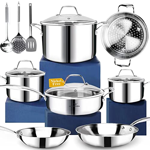 HOMICHEF 14-Piece Nickel Free Stainless Steel Cookware Set Whole-Clad 3-Ply - Mirror Polished Stainless Steel Pots And Pans Set - Healthy Cookware Set With Steamer - Non-Toxic Induction Cookware Sets