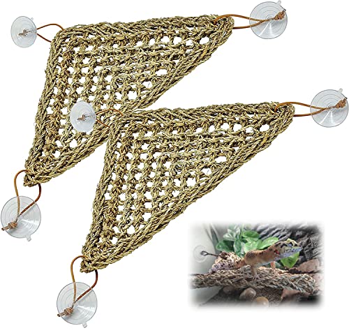 2 Pack Reptile Lizard Bearded Dragon Hammock,Reptile Lounger,100% Natural Grass Fibers Hammock Bed for Bearded Dragons, Geckos, Iguanas, Hermit Crabs (Triangular + Rectangle)