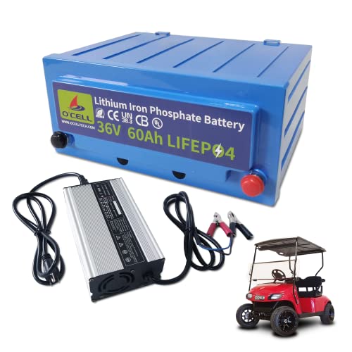 O'CELL 36V LiFePO4 Battery 60Ah, Deep Cycle Lithium Iron Phosphate Rechargeable Batteries with 80A BMS + Dedicated Charger 43.8V 10A for Golf Cart/Marine Trolling Motor/Off-Grid Solar/Grid Outages/RVs