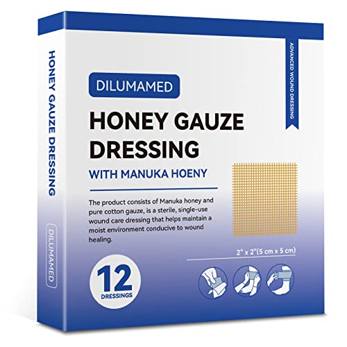 DILUMAMED Manuka Honey Gauze Dressing 2"x2"(Pack of 12), Manuka Honey Wound Care Bandage for Cuts, Scalds and Burns, Wound Dressing Products