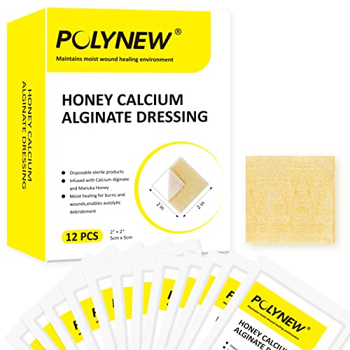 Polynew Manuka Honey Calcium Alginate Dressing, 2"x2"-12 Individual Pack, Non-Adherent Wound Dressing, Wound Care Bandages for Burns, Abrasions, Lacerations, Faster Health Care