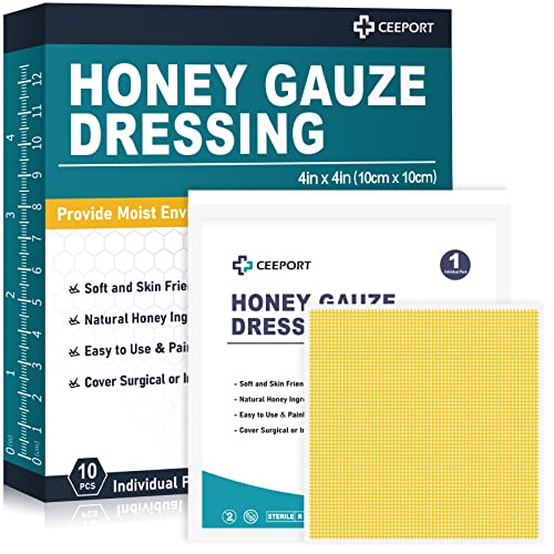 Ceeport Honey Gauze Wound Dressing, 4" x 4" Manuka Honey Wound Care, Medical Grade Honey Bandages for Wound Care, Honey Patch for Faster Healing from Burns, Abrasions, Cuts and Scalds (Pack of 10)