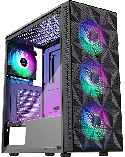 MOROVOL ATX PC Case with 4pcs RGB Fans, Gaming Computer Case with Diamond-Shaped Mesh Front & Tempered Glass Side Panel, USB 3.0 Airflow Mid Tower case,621