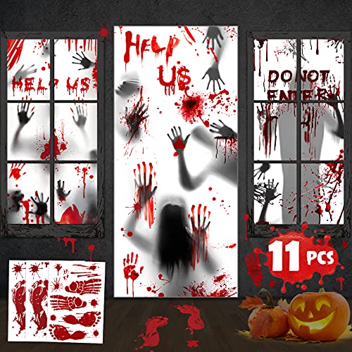 Halloween Giant Bloody Handprint Decorations, 8 PCS Halloween Door Cover Window Poster with 3 Window Clings, Halloween Props Poster Scary Zombie Creepy for Haunted House Decor Halloween Party Favor