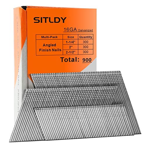 SITLDY 16 Gauge Angled Finish Nails, 20-Degree, 900-Pack (1-1/4", 2", 2-1/2", 300 Per Sizes), Galvanized Assorted Size Project Pack