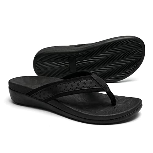 Orkii Womens Casual Diabetic Flip Flops, Cushioned Footbed Walking Sandals with Arch Support, Comfortable Orthopedic Walking Flip-Flop Sandals Black Size 8