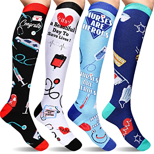 JenPen 4 Pairs Nurse Compression Socks 20-30mmHg Support Stockings Medical Knee High for Running,Stand,Grad,Christmas Gift (Large), Light Blue, Dark Blue, White, Black, Large-X-Large