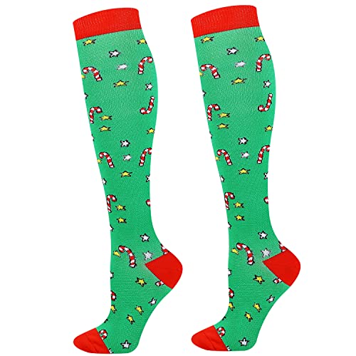 Christmas Compression Socks for Women 20-30 mmhg Knee High Funny Socks for Support Circulation Nurse Pregnancy Sports Running Travel Flight Green