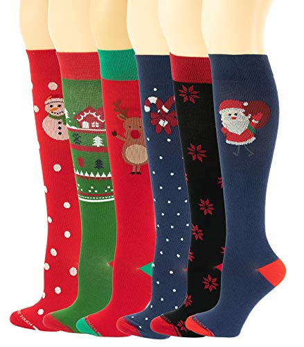 Different Touch 6 Pairs Pack Women Travelers, Anti-Fatigue, Graduated Compression Knee High Socks 9-11 (Christmas)