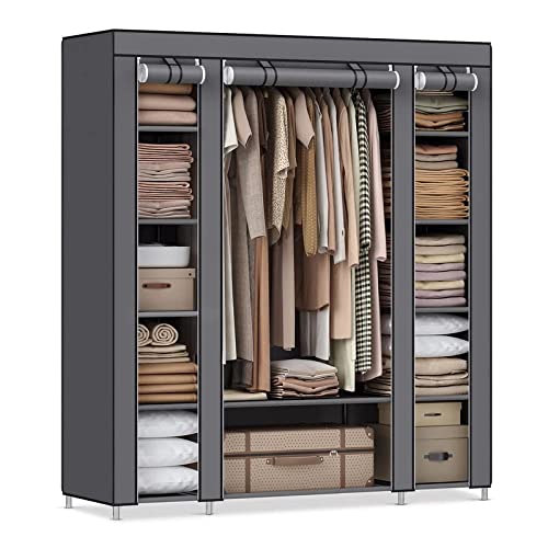 SONGMICS Closet Wardrobe, Portable Closet for Bedroom, Clothes Rail with Non-Woven Fabric Cover, Clothes Storage Organizer, 59 x 17.7 x 69 Inches, 12 Compartments, Gray ULSF03G