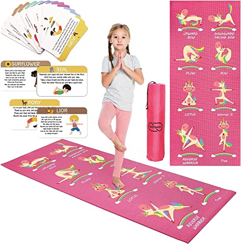 Garybank Unicorn Kids Yoga Mat Set -Non-slip Exercise Mats with Fun Prints -12 Yoga Cards for Kids -Pink Carrier Bag -Odor Free Non-Toxic, Cute Yoga Mat for Kids Ages 3-12 Girls (60 X 24 X 0.2 Inch)