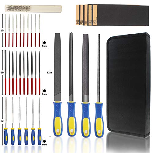 KALIM File Set, Carbon Steel File and Diamond File Kit, Different Size Files Suitable for all Wood/Metal/Jewelry/Model/3D Print Grinding Needs(Total 42Pcs Including Brush, Sandpaper and Bag)