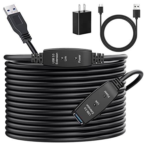 USB 3.0 Extension Cable 50Ft, HOUHUI 50 Feet Active USB Extension Cable 3.0 Male to Female with 2 Chipsets Signal Booster, USB 3.0 Extension Cord with 5V2A Power Adapter for VR,PS4,Printer,Webcam Xbox