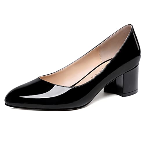 WAYDERNS Women's Round Toe Party Low Heel Chunky Patent Dress Slip On 2 Inch Pumps Shoes Black Size 9 - Zspato de Tacon para Mujer