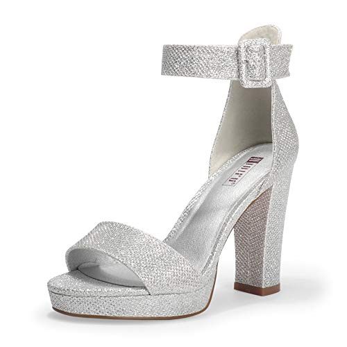 IDIFU Women's IN4 Sabrina Platform Chunky High Heels Ankle Strap Heeled Sandals Wedding Party Dress Shoes (Silver Glitter, 7)