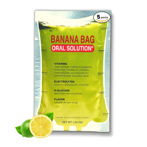 Banana Bag Oral Solution: Electrolyte & Vitamin Powder Packet for Reconstitution in Water to Drink. Unsweetened Lemon-Lime. 5-Pack