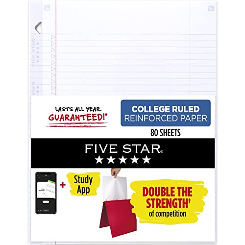 Five Star Loose Leaf Paper + Study App, 3 Hole Punch Notebook Paper, Reinforced College Ruled Filler Paper, Fights Ink Bleed, 8-1/2" x 11", 80 Sheets per Pack (170102),White