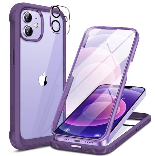 Miracase Glass Series for iPhone 12/12 Pro - Full-Body Rugged Protective Case with Built-in 9H Tempered Glass Screen Protector and Camera Lens Protector - Purple