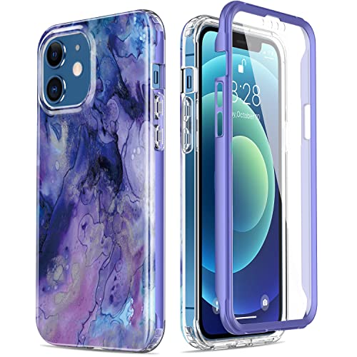 Esdot iPhone 12 Case,iPhone 12 Pro Case with Built-in Screen Protector,Rugged Cover with Fashionable Designs for Women Girls,Protective Phone Case for iPhone 12/12 Pro 6.1" Purple Opal Marble